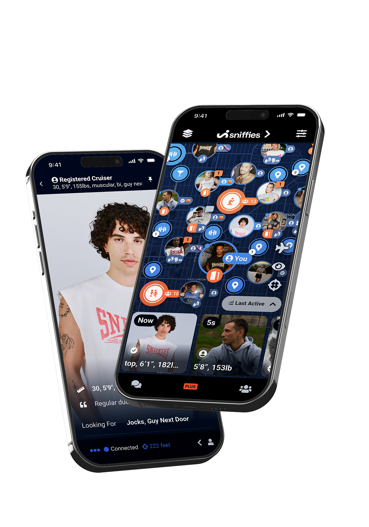 Sniffies map and profile views shown on two phones