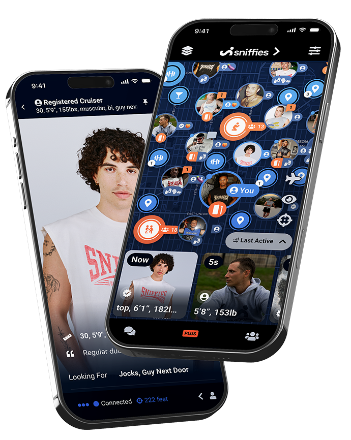 Sniffies map and profile views shown on two phones